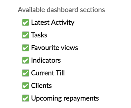 Internal control for available dashboard sections with list of sections